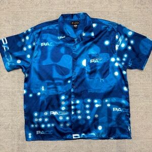 Vintage 90s 00S Paco Mens Shirt Size XXL Blue All Over Print Logo Short Sleeve